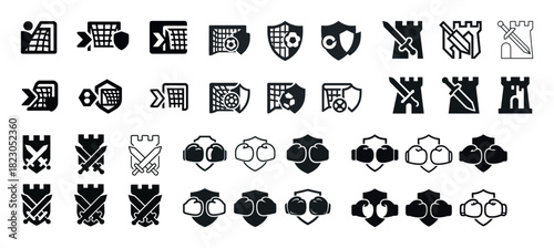 Collection of icons: shields, fortresses, targets, arrows, swords, helmets, combat elements