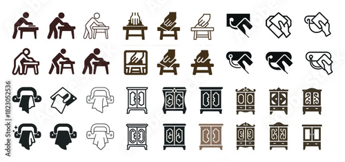 Icon set: tables, hand gestures, towels, cabinets in various styles and colors