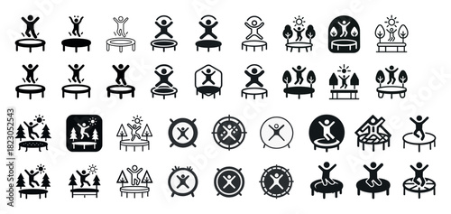 Trampoline activity and leisure icon set with trees and fire elements