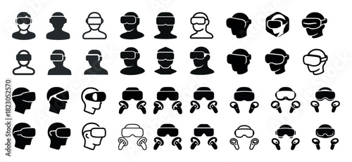 Diverse silhouettes with vr headsets and wireless earbuds