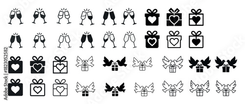 Celebration icons: glasses, gifts, hearts, wings and doves in black and white