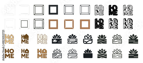 Geometric frame designs and modern home decor icons in black and gold variants