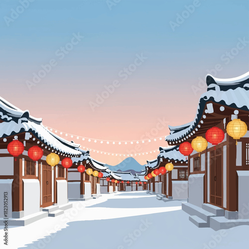 Snow-covered traditional South Korea village street with colorful lanterns and festive Christmas lights on buildings during winter, set against a mountain backdrop.