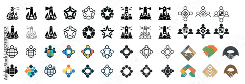 Diverse geometric logo collection with abstract people and hands motifs