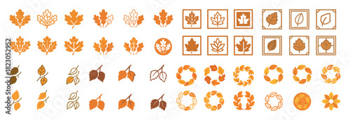 Autumn leaf icons set: diverse fall foliage designs and frames in warm colors