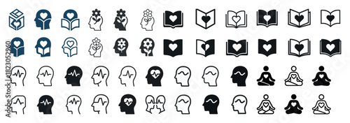 Mindfulness and wellness icons featuring meditation, reading, and heart designs