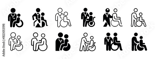 Medical disability icons: wheelchair accessibility and patient care illustrations