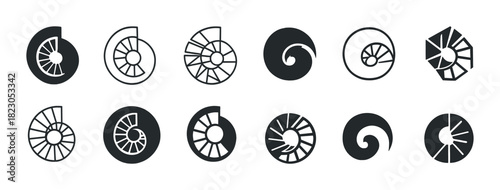 Set of nautilus shell icons in various spiral patterns