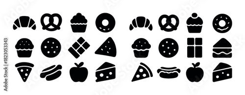 Silhouette icons of various foods including donut, cheeseburger, pizza, croissant, and pretzel