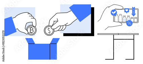 Hands dropping currency coins into a box and interacting with a smartphone retail analytics app by scanning products. Ideal for finance, donation, e-commerce, mobile shopping, budgeting, investment