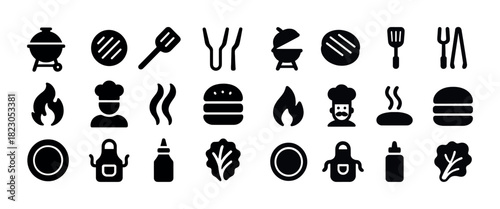Bbq and grilling icons: essential tools and food items
