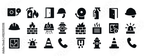 Emergency and safety icons set: fire, construction, signal, alarm, hydrant