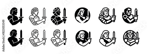 Set of iconic warrior illustrations featuring diverse heroic characters