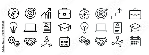 Business and education icons: compass, briefcase, graduation cap, laptop, light bulb