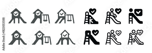 Playground icons set: playhouse, slide, swing, parent-child interaction, love