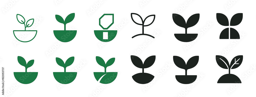 Fototapeta premium Variety of plant sprout icons in green and black styles