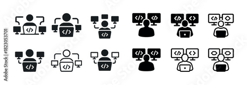 Icon set of programmers at computer desks with code symbols