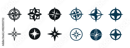 Set of twelve black and blue compass icons in various styles