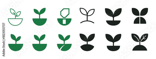 Variety of plant sprout icons in green and black styles
