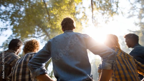 Journey into the Sun: A group of friends stands together, silhouetted against a radiant sunburst, embarking on a shared adventure, symbolizing unity and hope