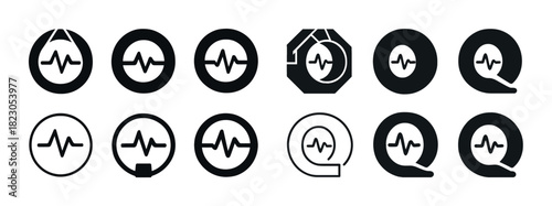 Set of black heartbeat icons in circular designs