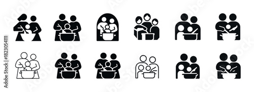 Icons of families cooking together: simple black and white designs