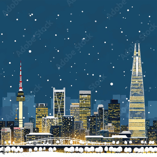 Vector illustration of a snowy Seoul cityscape at night with modern skyscrapers and a festive atmosphere, celebrating Christmas in South Korea.