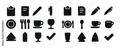 Silhouette icons of office supplies and dining utensils on white background