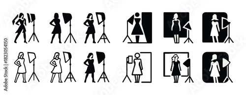 Silhouette models in fashion photo shoot behind the scenes icon set