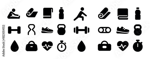 Fitness icons set: exercise, yoga, weights, hydration, heart rate, stopwatch, sneakers, gym bag