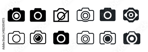 Set of twelve minimalist black and white camera icons in various styles
