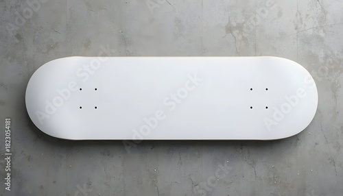 Minimalist blank white skateboard deck against a textured concrete wall background perfect for product mockups or lifestyle branding campaigns