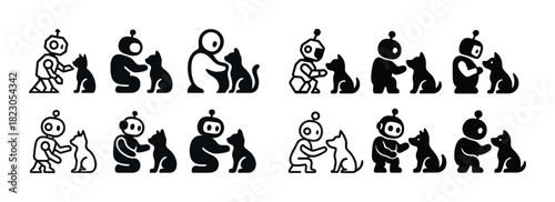 Robot and cat icons: cute cartoon companions in black and white silhouettes