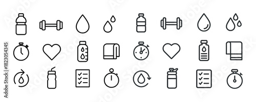 Fitness icons: hydration, exercise, time, health, and wellness symbols