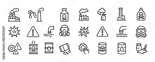 Industrial hazard icons set: factories, pollution, safety equipment, warning signs