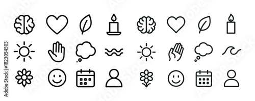 Minimalist icon set featuring brain, heart, candle, leaf, sun, and more