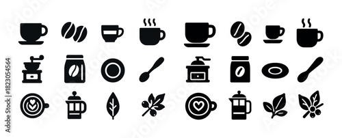 Coffee icon collection: cups, beans, grinders, leaves, mugs, and more