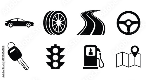 Driving and Transportation Vector Pack – Car Icons, Steering Wheel, Road Signs, Navigation Map Symbols, Travel Elements, Flat Vehicle Graphics for Mobile Apps, GPS, and Web Interfaces