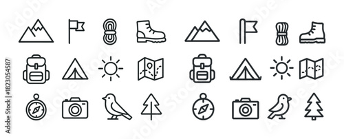 Outline icons set: outdoor, hiking, camping, adventure gear, nature symbols