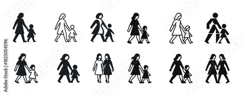 Silhouette icons of women walking with children: motherhood and family in minimalist design