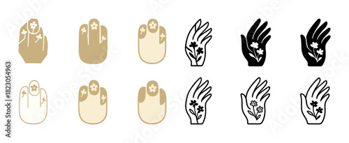 Floral nail art and hand icons in various styles and colors