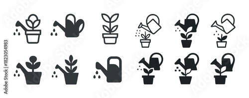 Watering can and plant growth icon set in monochrome style