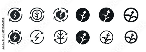Set of black eco and energy icons featuring arrows and plants in circular designs
