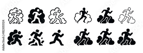 Silhouette icons of people running with motion effects