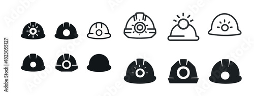 Collection of mining helmet icons in various styles