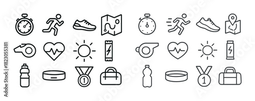 Sport and fitness icons including stopwatch, running, heartbeat, and medal symbols