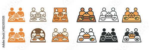 Simple icon set of people dining together sharing meals and desserts