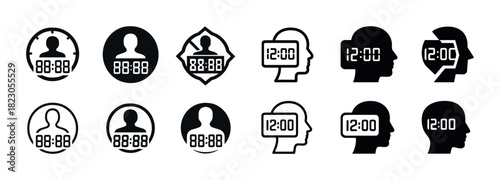 Digital clock icon set with human silhouettes and head profiles