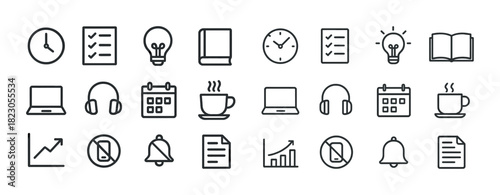 Collection of office and productivity icons including clock, checklist, lightbulb, and book