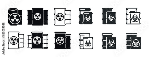 Set of nuclear and biohazard waste barrel icons in various styles
